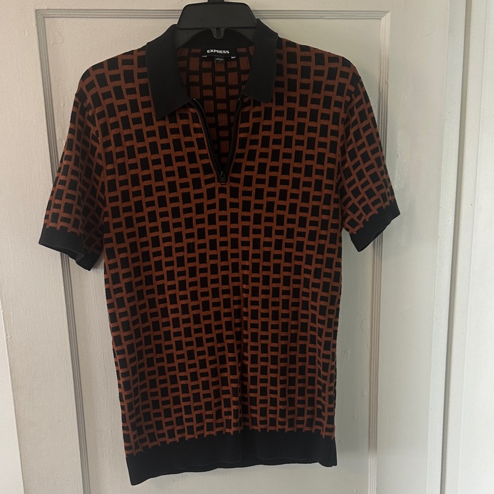 Express Men's Short Sleeve Polo - Brown Grid on Black